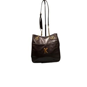 Paloma Picasso Vintage Brown Leather Tote Bag Gold Chain Kiss X Logo Made Italy